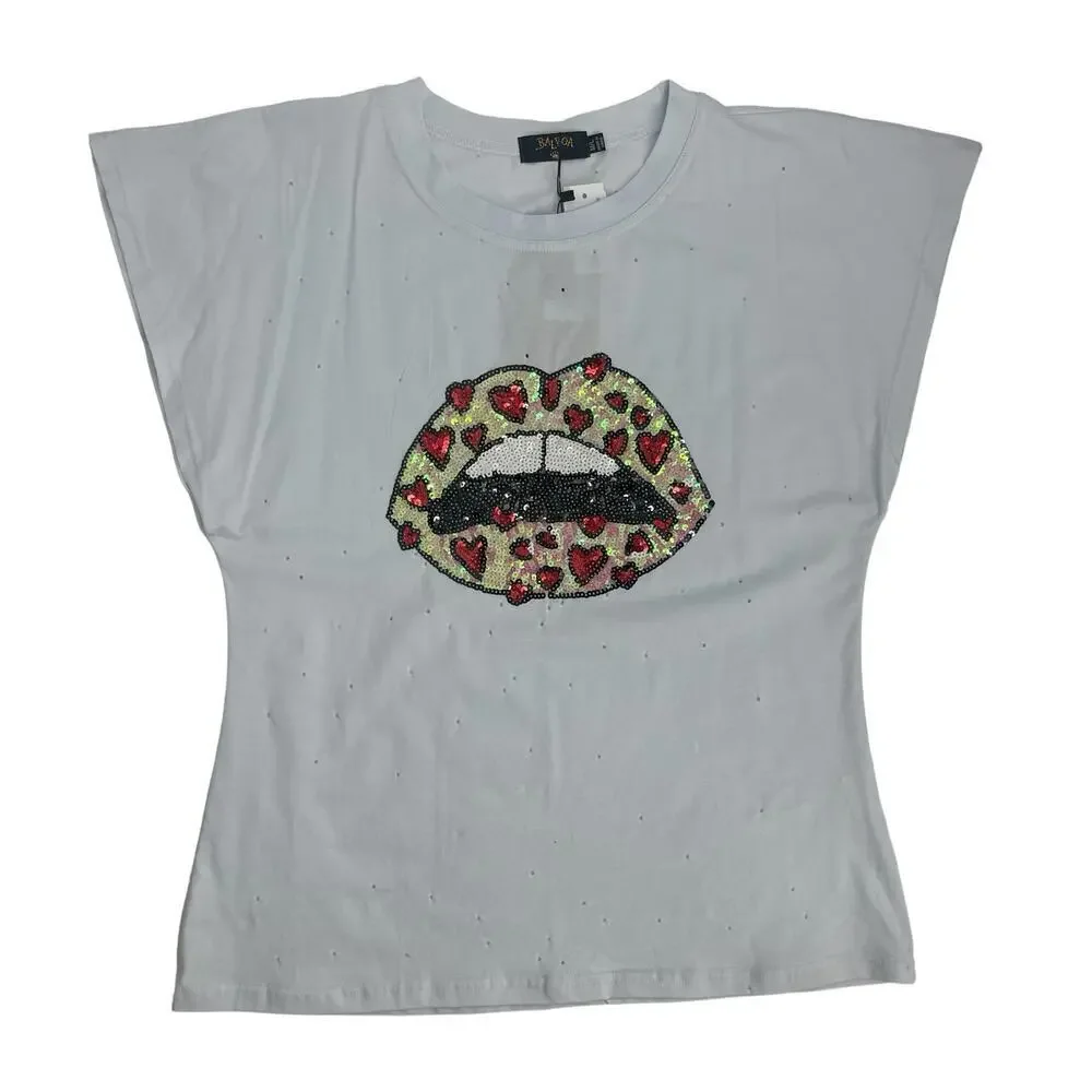 Balboa Women’s White Sequins Heart Lip Holes All Over Short Sleeve Tee T-shirt - Picture 8 of 11